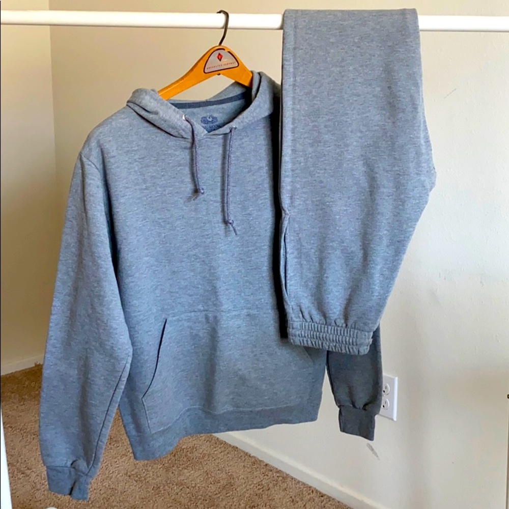 Grey Matching sweatshirt and sweatpants.